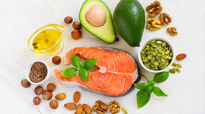 Fish, avocado, seeds, nuts and healthy oil